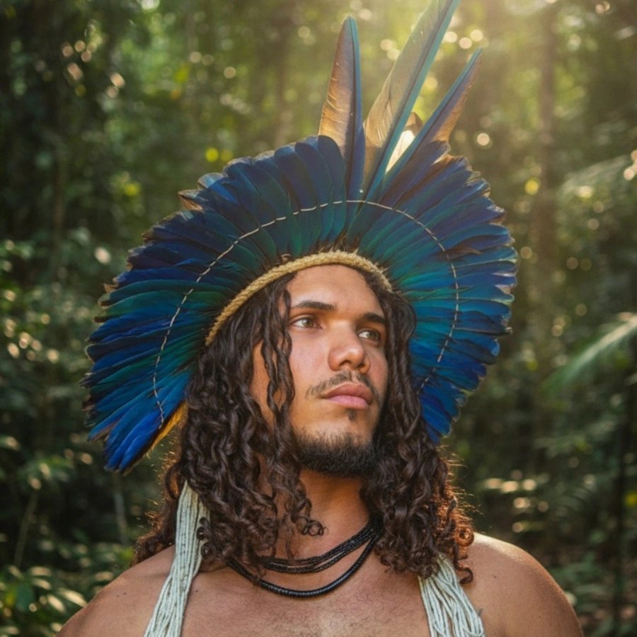 Retrato com cocar de penas de arara-azul